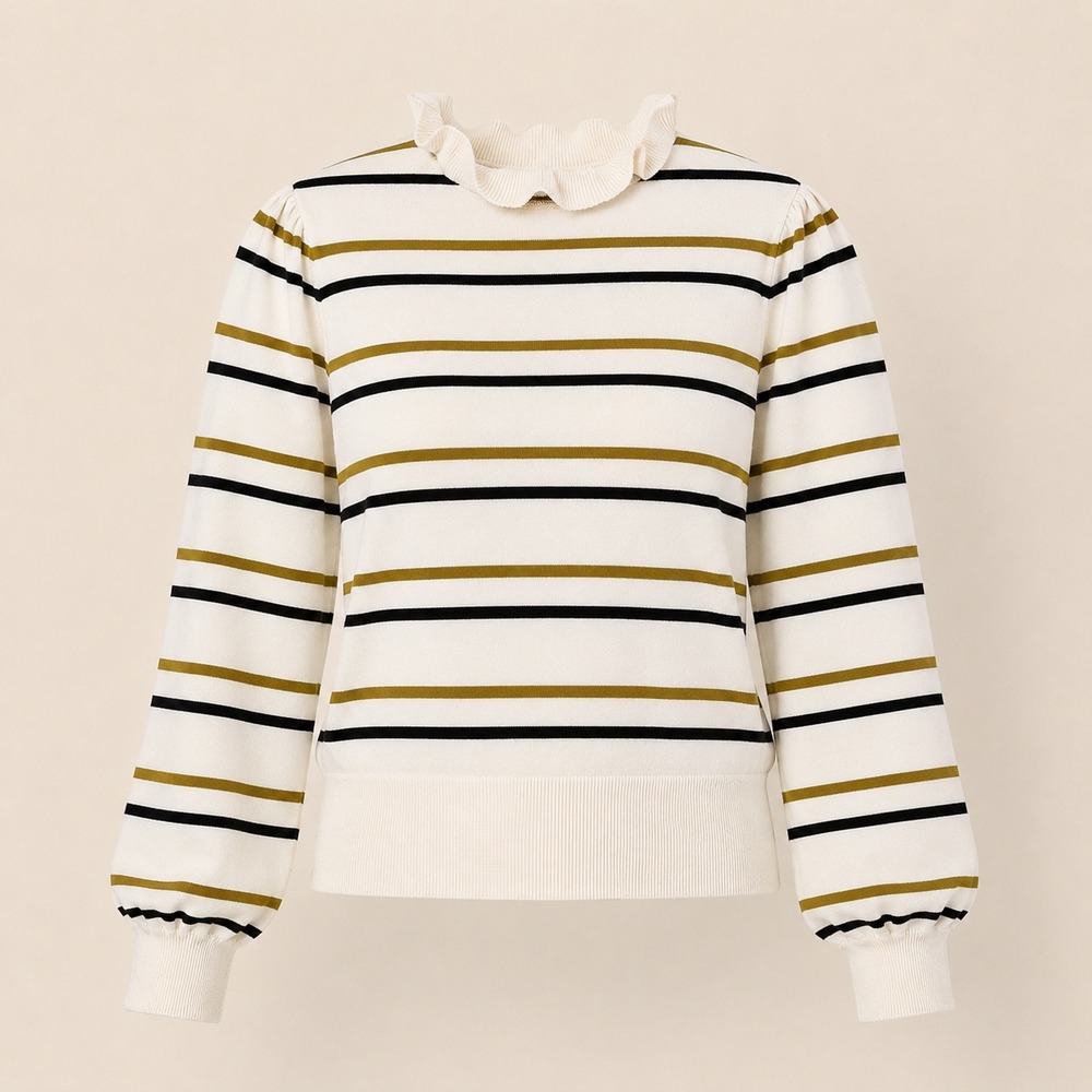 Who What Wear Size M Striped Ruffle Neck Sweater Preppy Knit Top Transitional